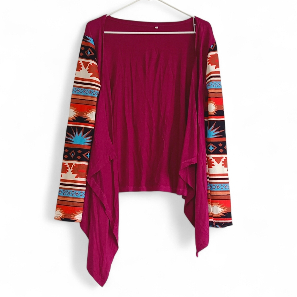Tribal Patterned Pink Cardigan Western Boho Soft Stretchy Femme Colorful Magenta
